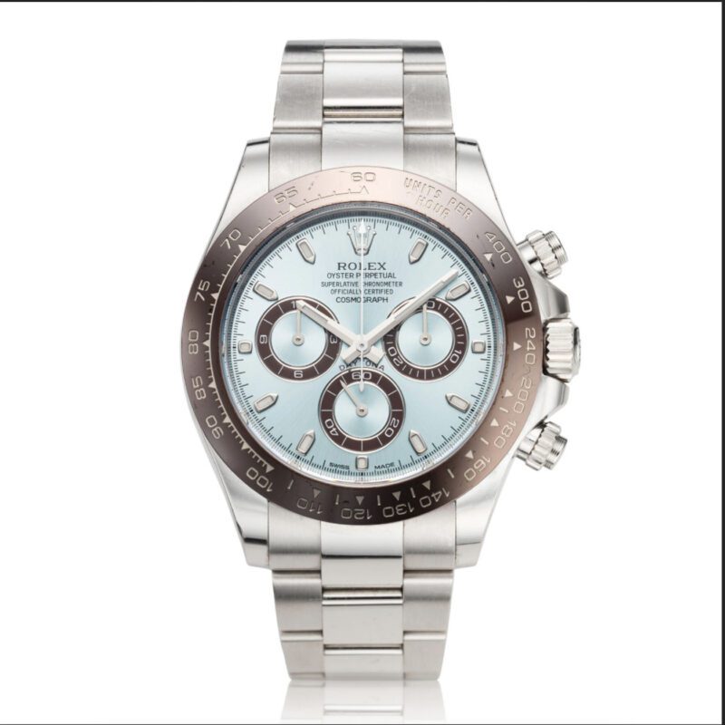 A stainless steel Rolex watch with a light blue dial and three sub-dials, featuring a tachymetric scale on the bezel and a link bracelet, is truly a timeless piece of jewelry. Bidders at the auction will appreciate its elegance and precision.